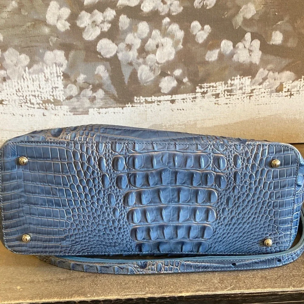 Brahmin Womens Large Duxbury Satchel Purse Blue Gold Metallic Croc Embossed‎
